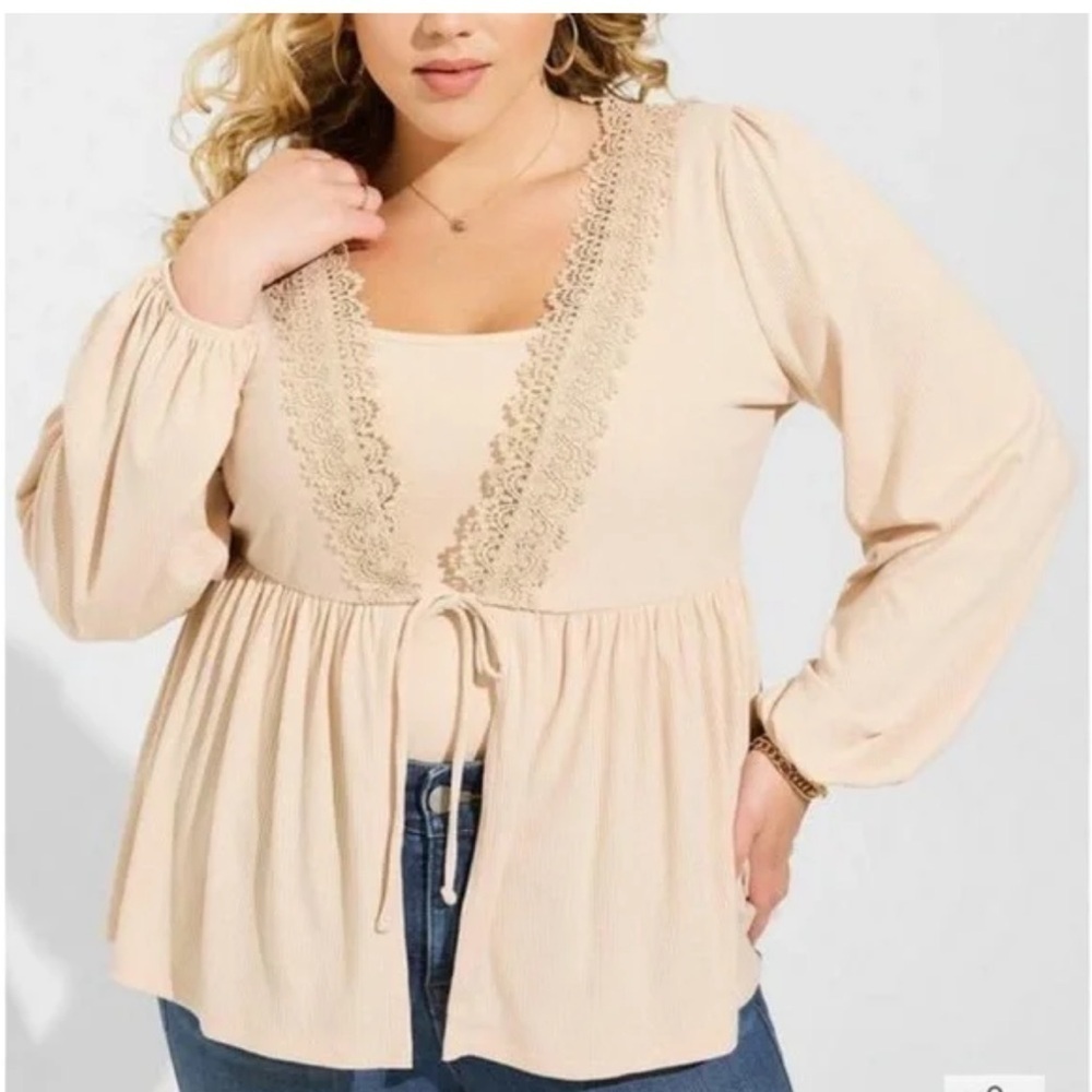 Torrid Super Soft Tan Lace Trim Tie Front Cardigan